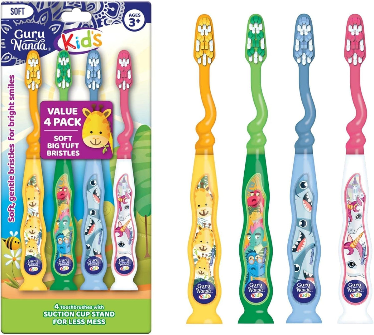 GuruNanda kids toothbrush 4-pack with giraffe, dino, shark and unicorn designs, ages 3+