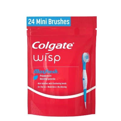 Colgate Wisp MaxFresh peppermint mini toothbrushes — sealed 24-count retail pack
