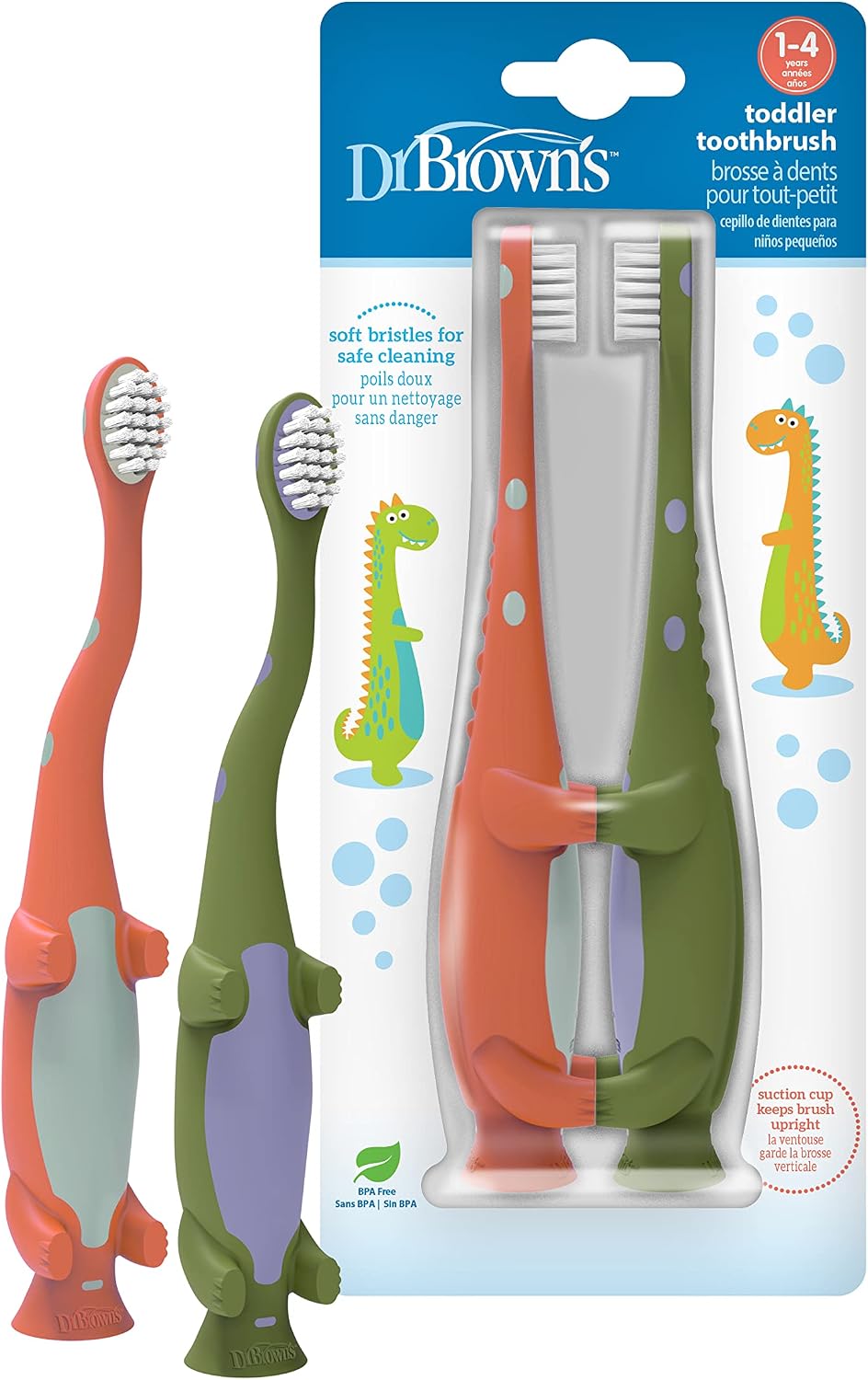 Dr. Brown's toddler toothbrush 2-pack in green and orange dinosaur designs, ages 1-4