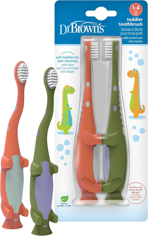 Dr. Brown's toddler toothbrush 2-pack in green and orange dinosaur designs, ages 1-4