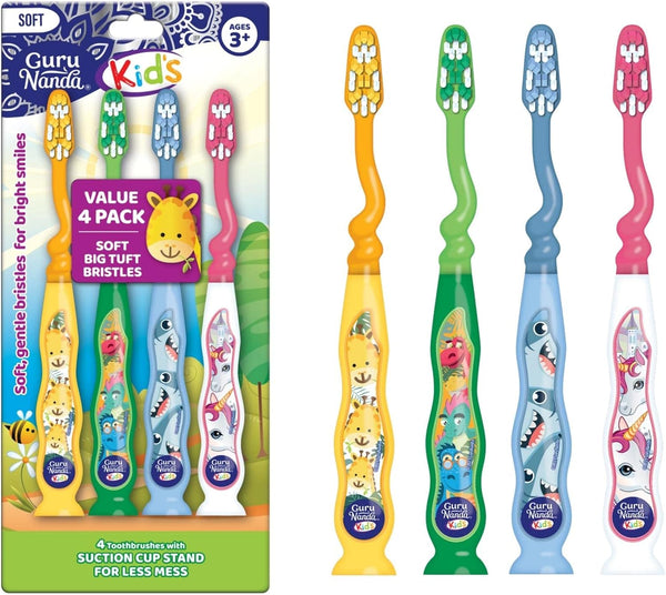 GuruNanda kids toothbrush 4-pack with giraffe, dino, shark and unicorn designs, ages 3+